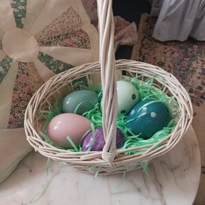 Vintage Easter Basket With Five 1990s Ceramic Eggs, Holiday Decor